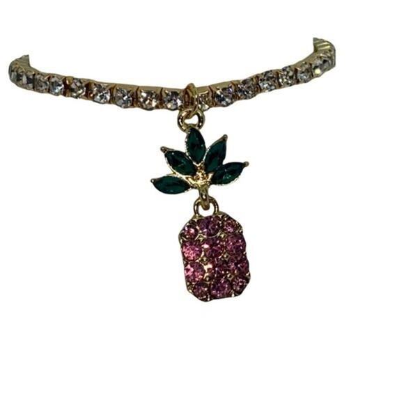 NWT Gold-Tone Green Pink Pineapple Rhinestone Beaded Stretch Bracelet - Picture 6 of 8